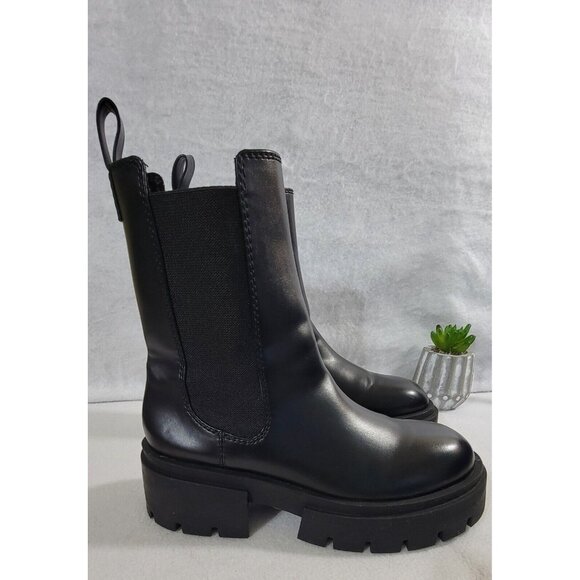 H&M Womens Black Leather Pull On Ankle Boots Chunky Heels Round Toe Size 39/8 - Picture 4 of 12